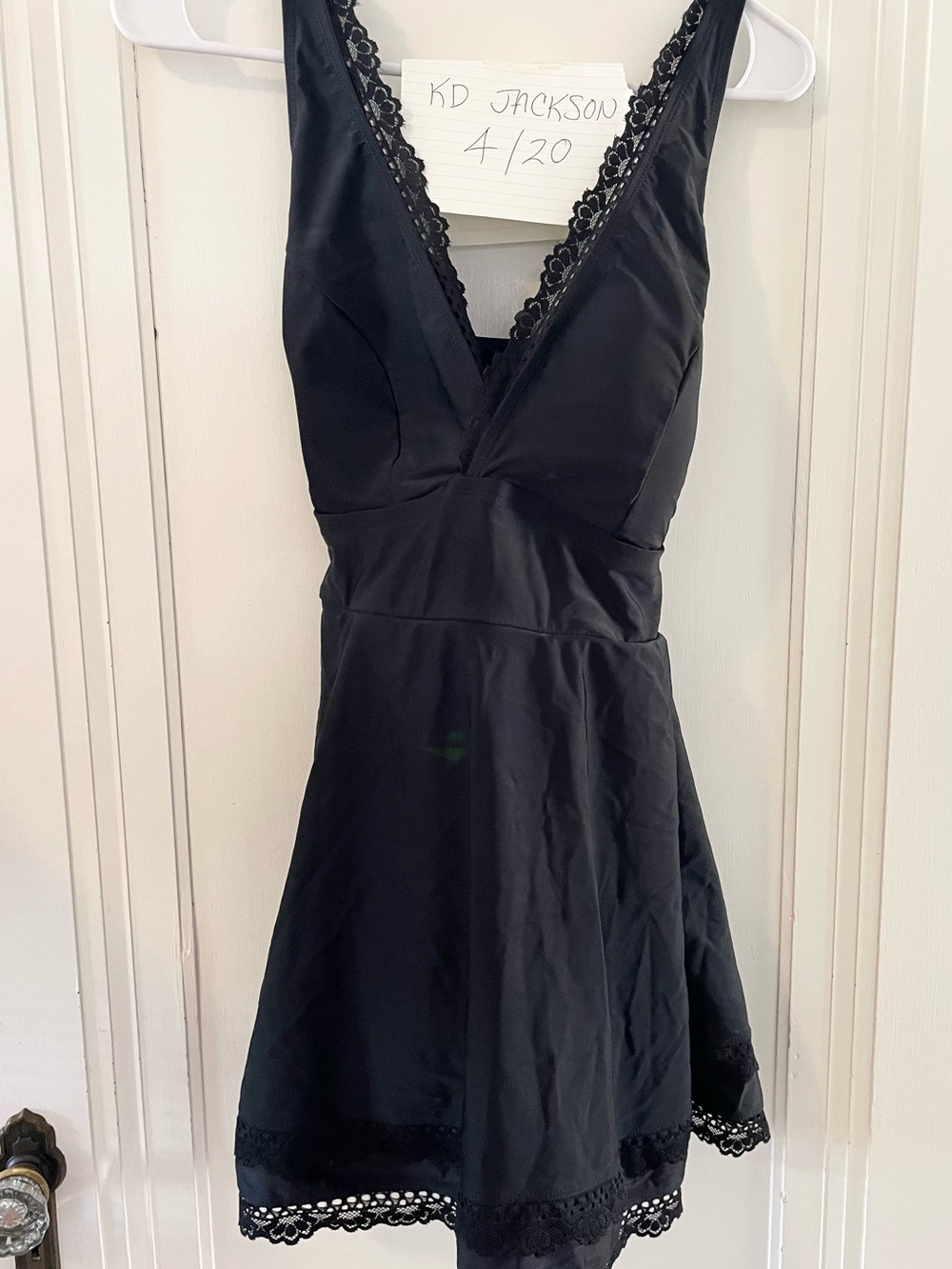 Black V-Neck Lace Trim A-Line Swim Dress
